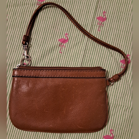 Vintage Y2K Fossil Tan Leather Boho Neutral Casual Wristlet Clutch Bag Keychain - Picture 2 of 8